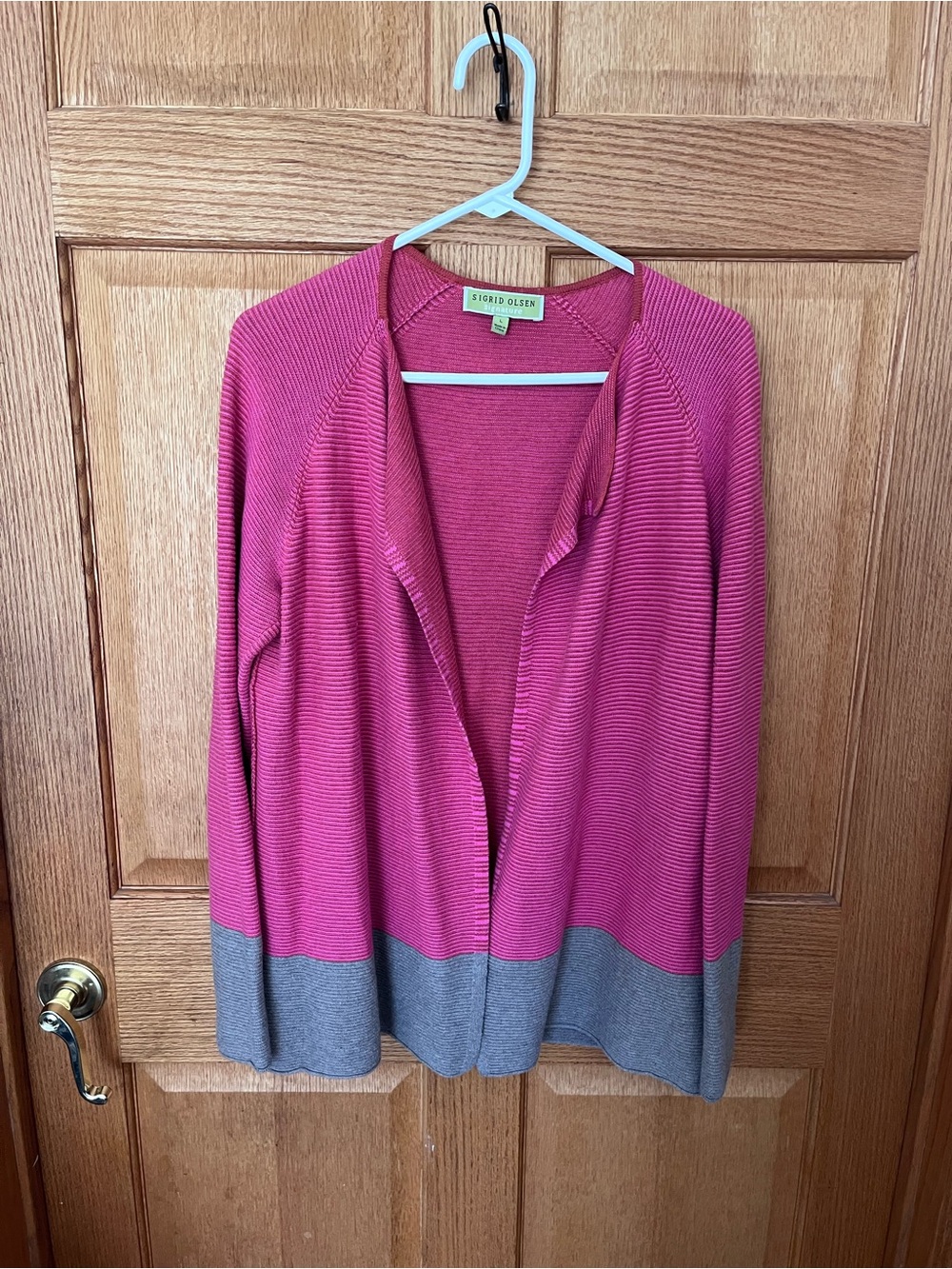 Sigrid Olsen cotton/ Cashmere Pink Open-Front Cardigan with Gray Hem